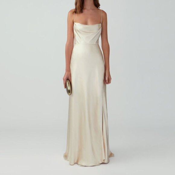 NWT Fame & Partners Strappy Satin Gown with Open Back/Slit in Champagne | Size 4 - Picture 1 of 11